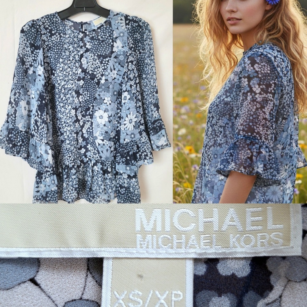Michael Kors Blue Floral Flowy chiffon Top Size XS